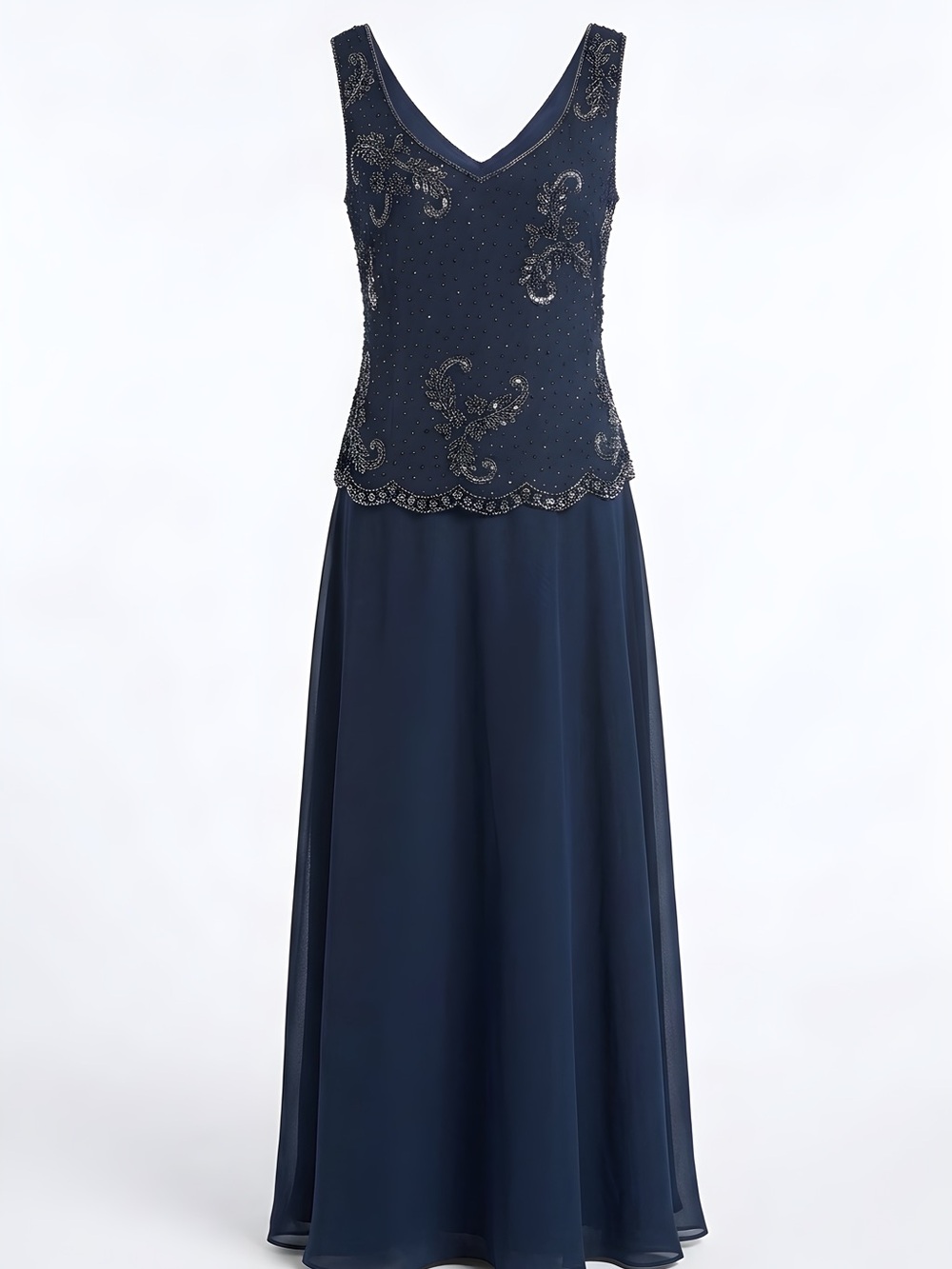 J Kara Navy Beaded Scoop Neck Maxi Dress